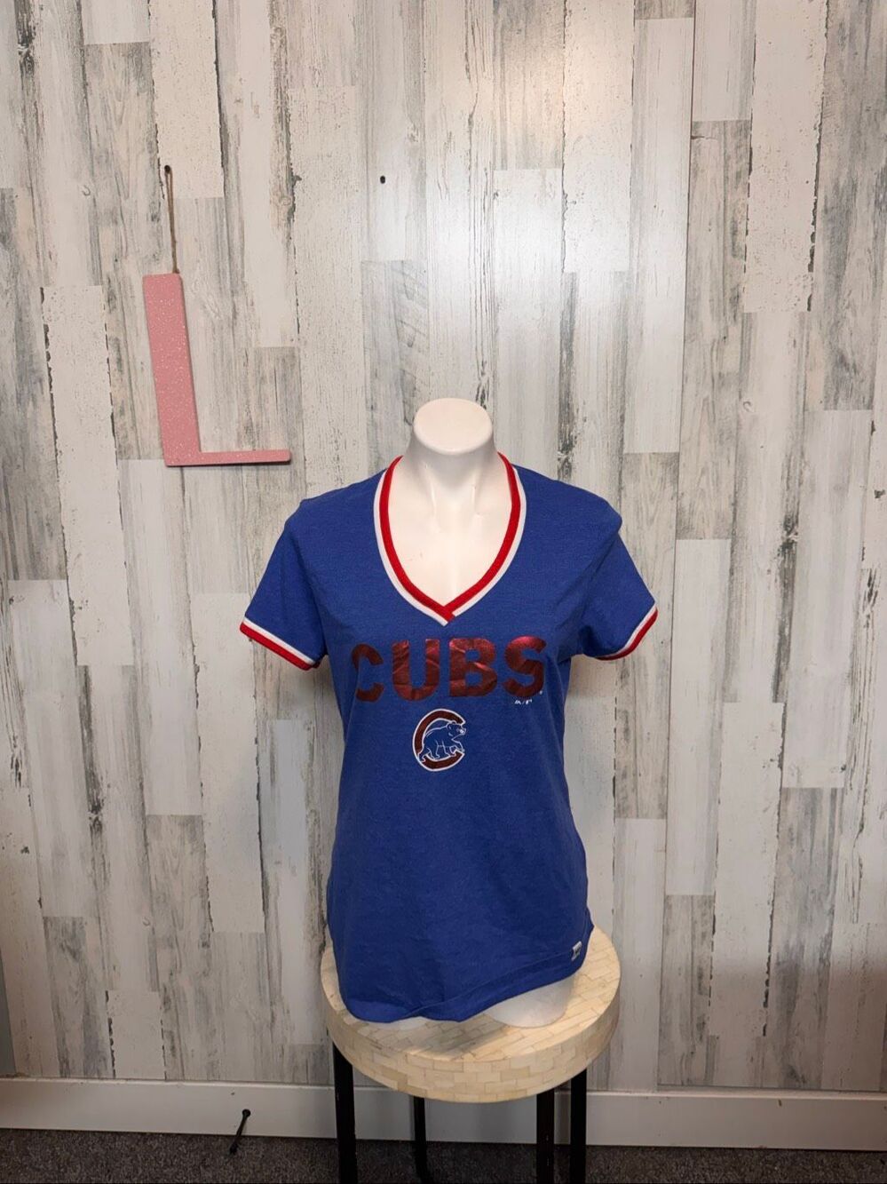Majestic Chicago Cubs Metallic Foil V-Neck Ringer T-Shirt Womens Large Blue